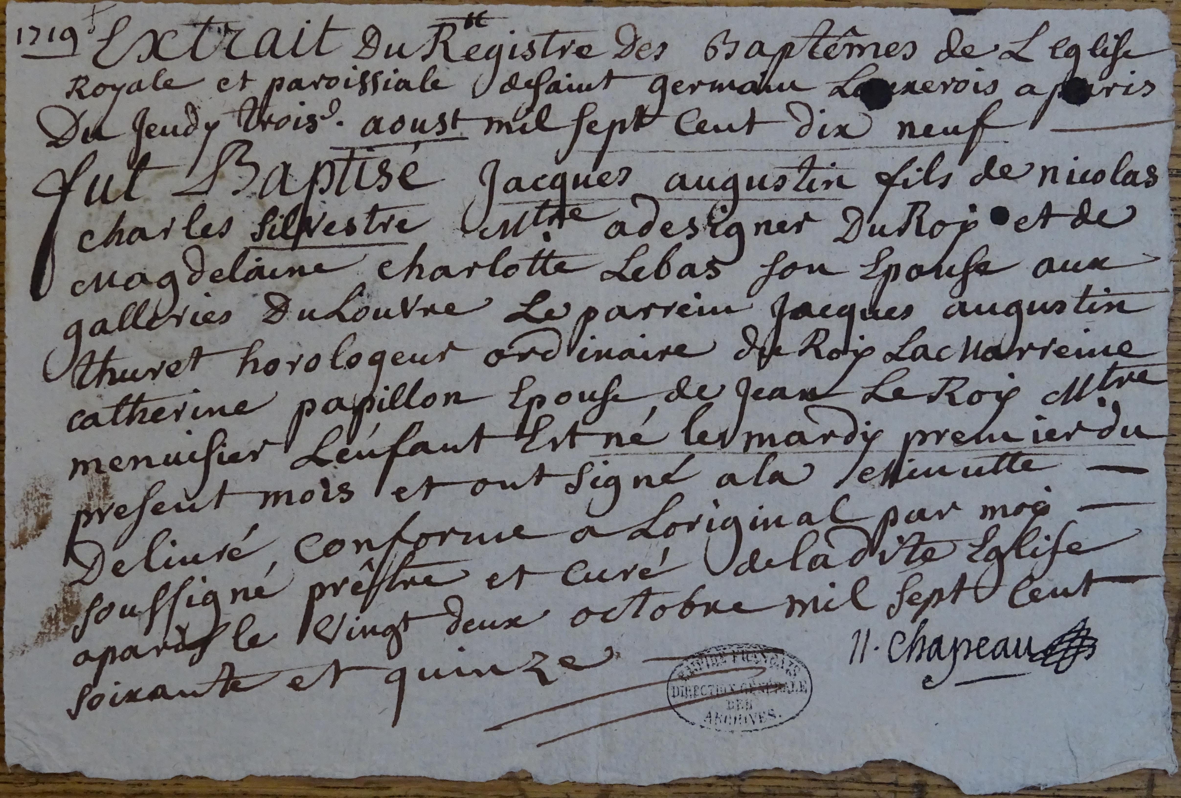 Acte de baptème de Jacques-Augustin de Silvestre - Document 1